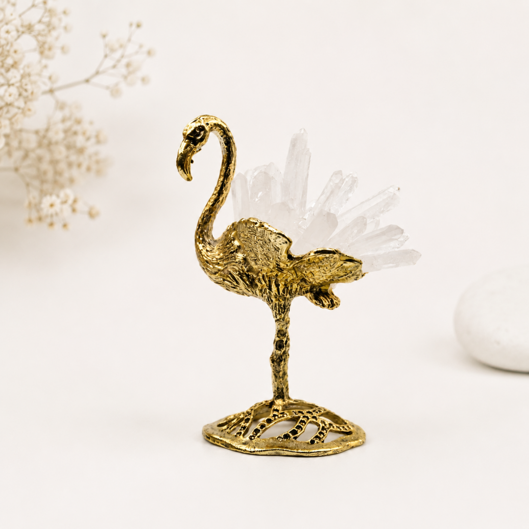Brass Flamingo with Clear Quartz Crystal